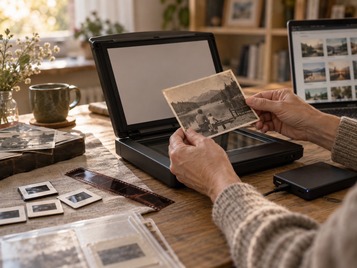 Sorgfältige Digitalisierung eines alten Fotos mit Scanner, Dias und Filmstreifen