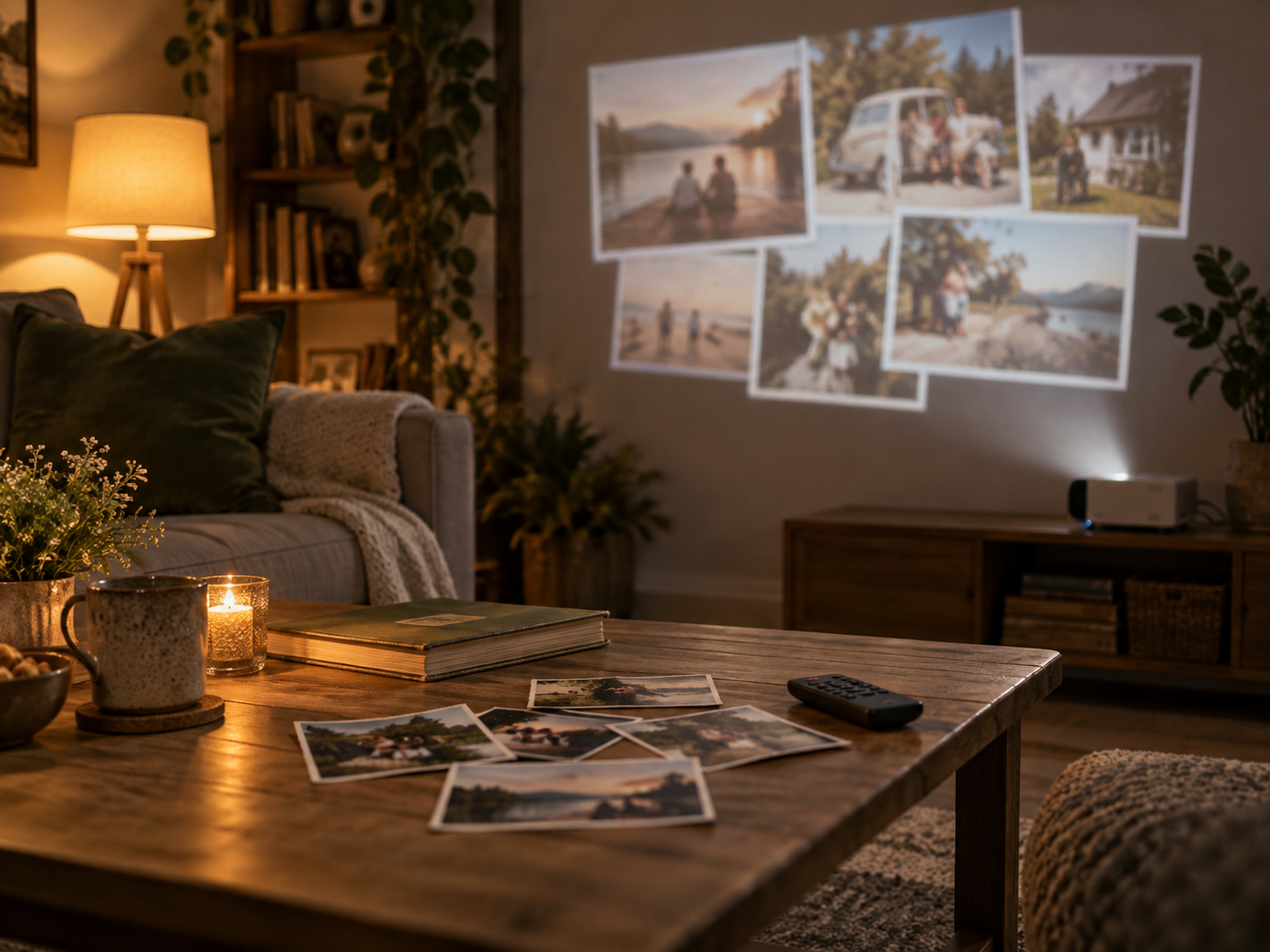 Gemütliche Diashow mit Familienfotos an einer Wohnzimmerwand