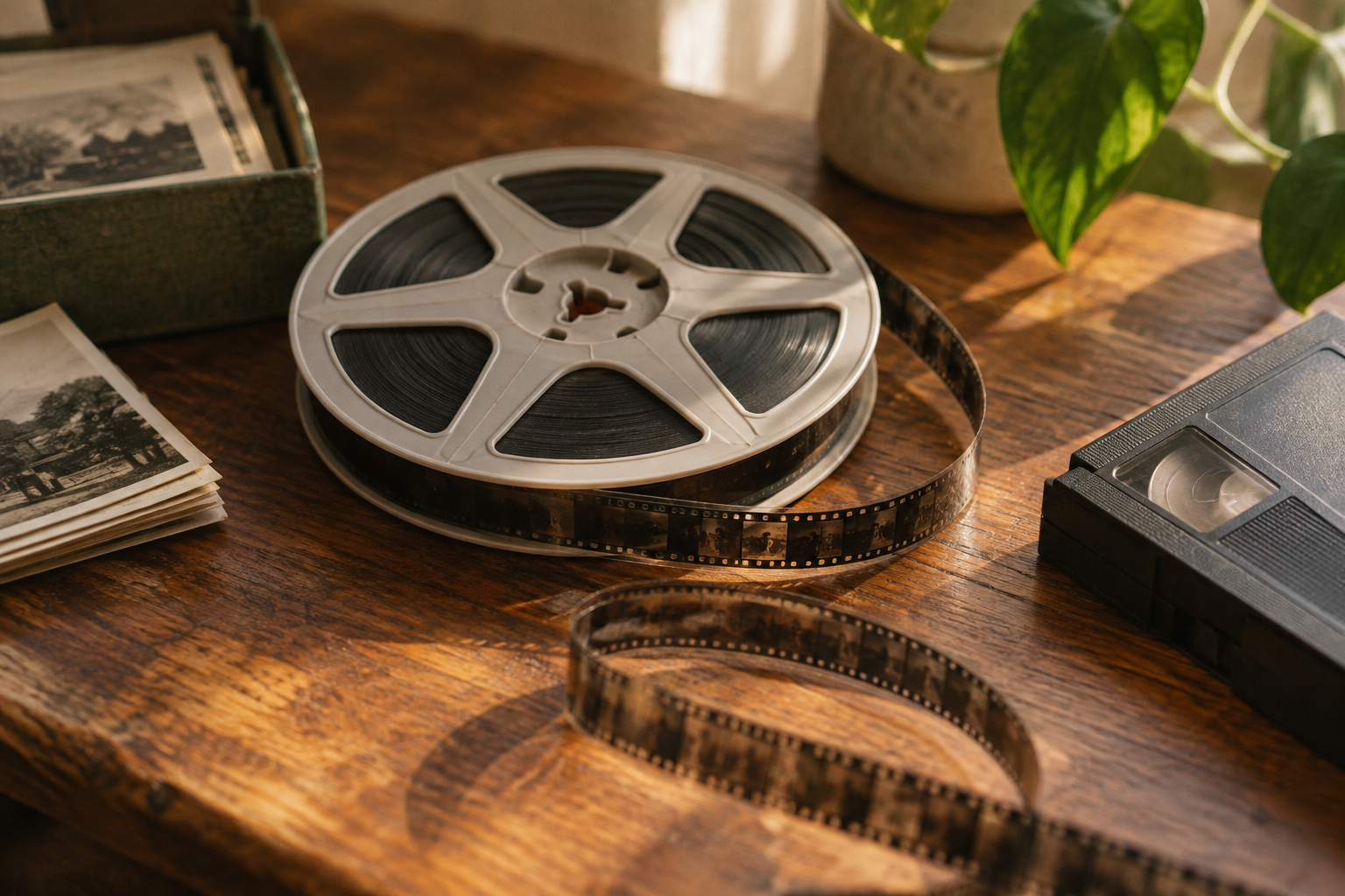 Filmrolle, Filmstreifen und VHS-Kassette auf Holztisch