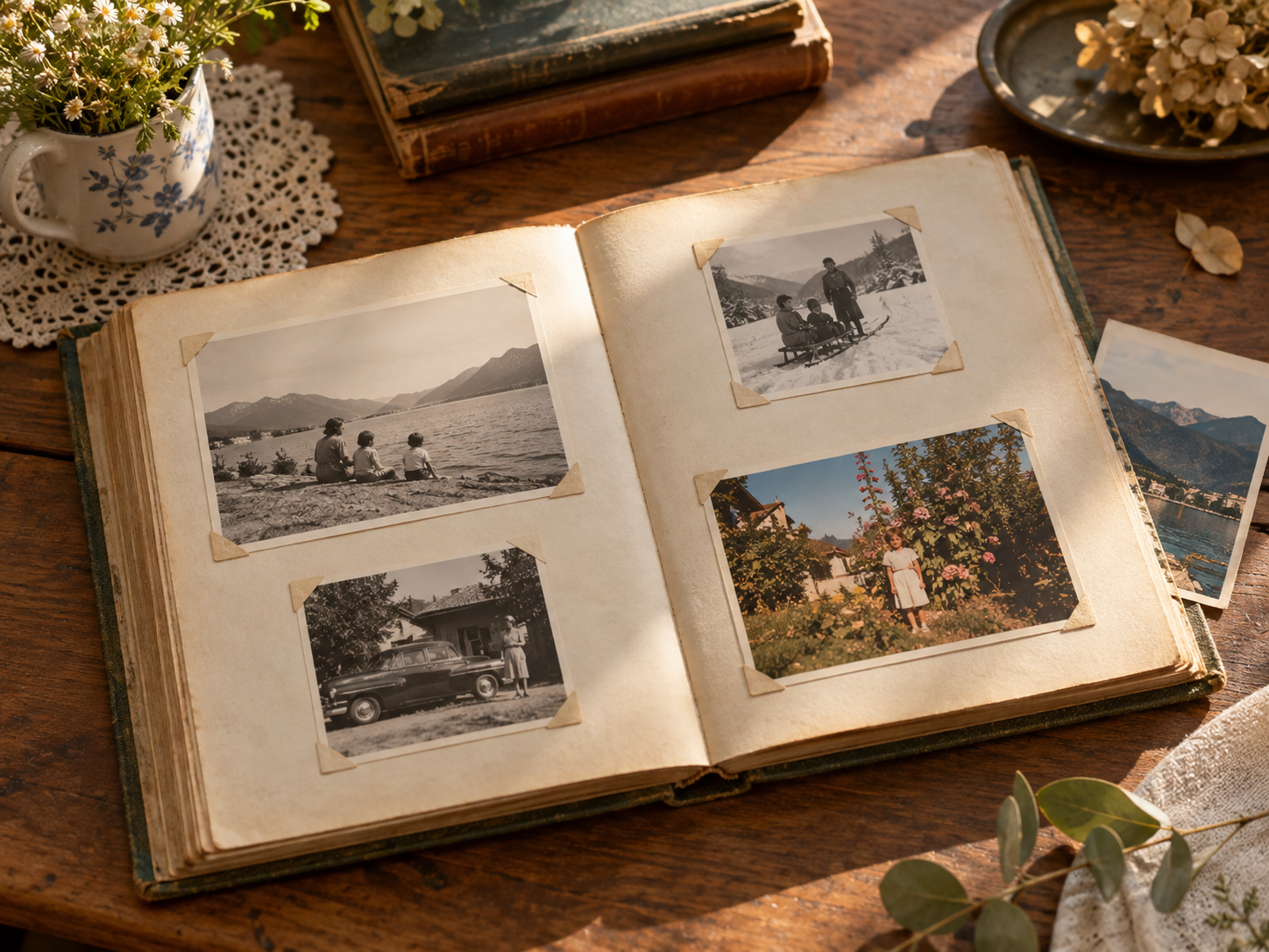 Geöffnetes altes Fotoalbum mit Familienfotos auf einem Holztisch