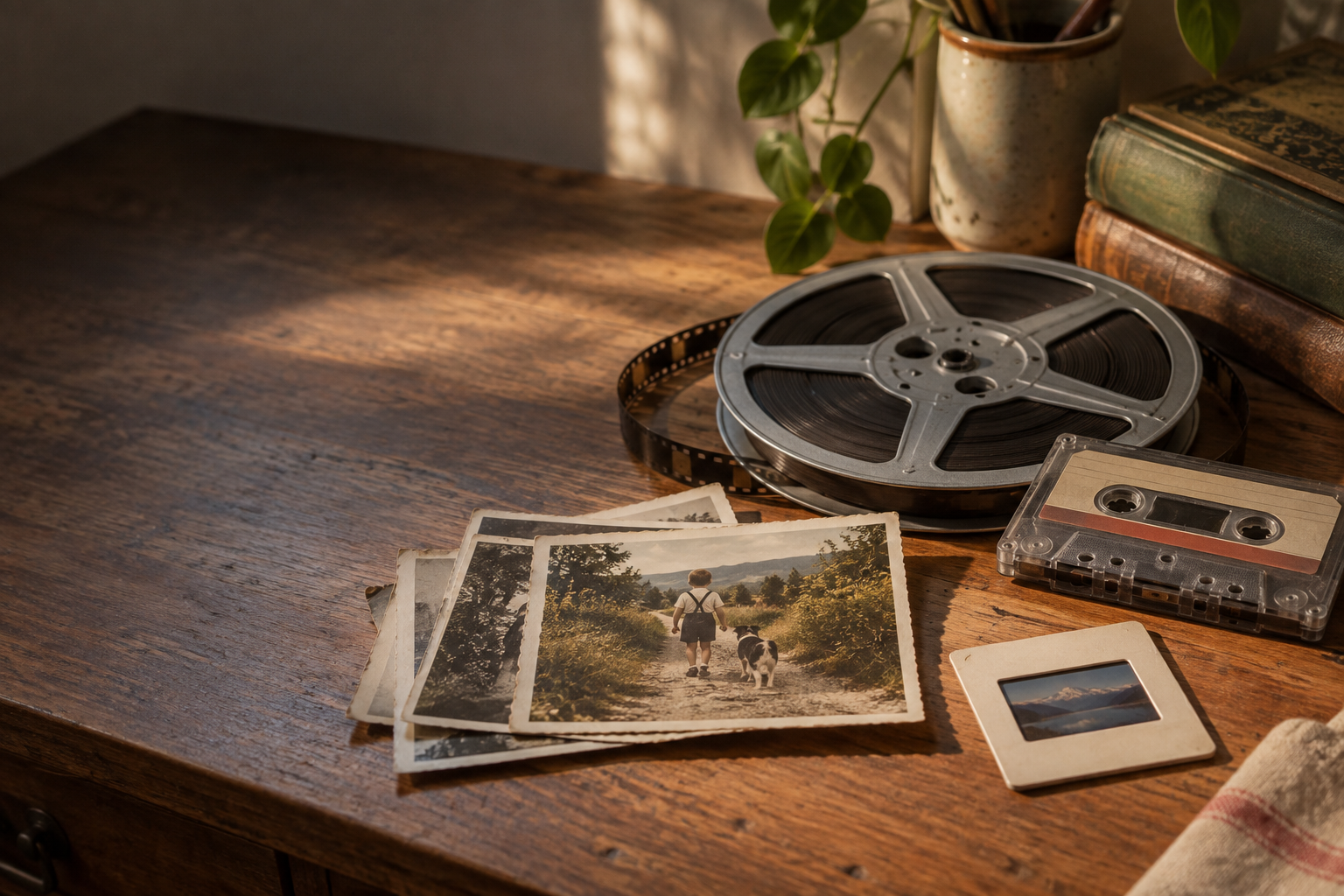 Fotoabzüge, Filmrolle, Dia und Kassette auf einem Holztisch