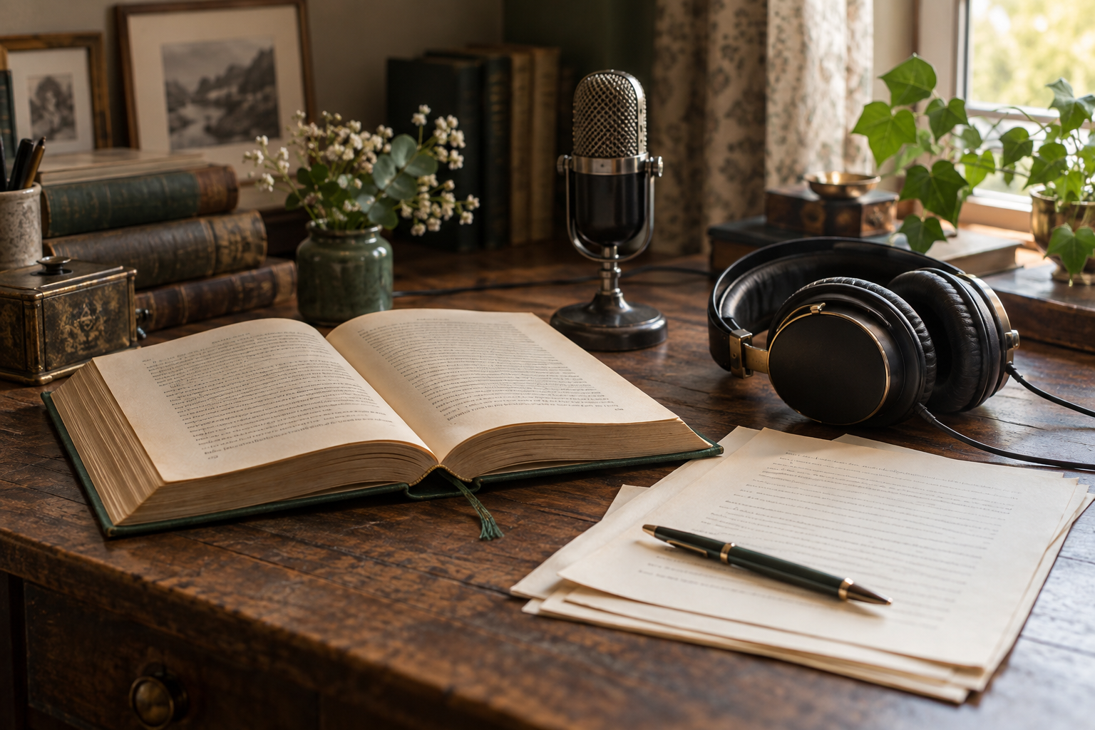 Offenes Buch, Manuskriptseiten, Kopfhörer und Mikrofon auf einem Holztisch
